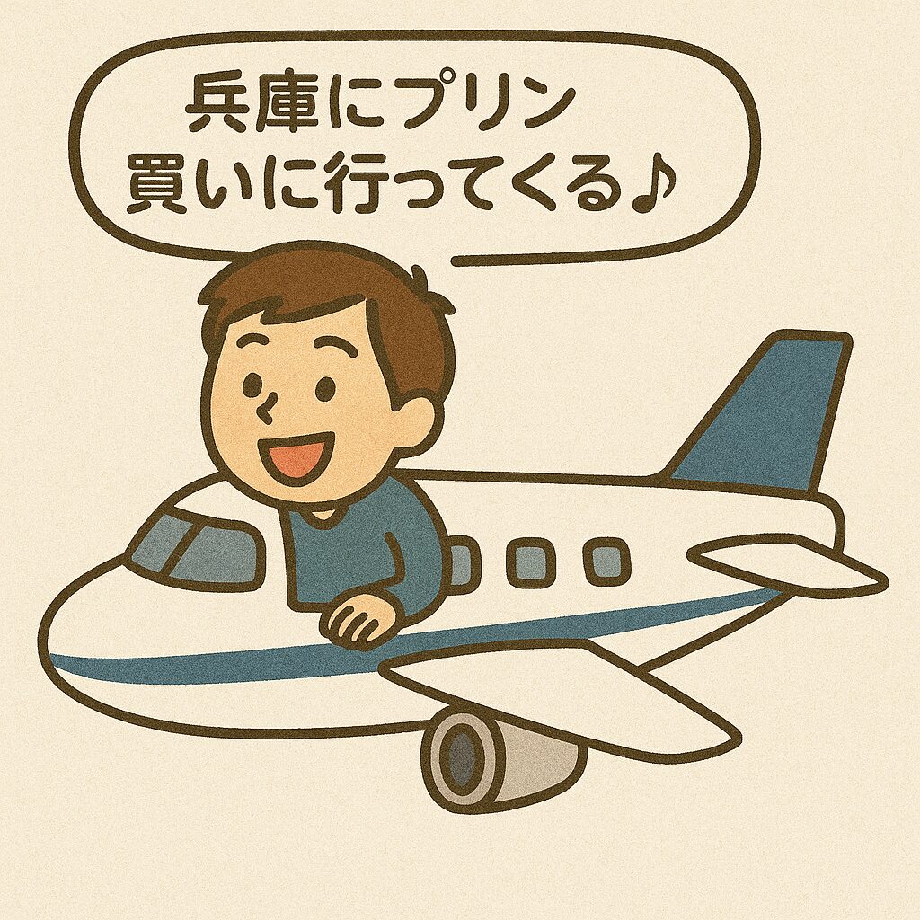 飛行機に乗って兵庫にプリンを買いに行く男性