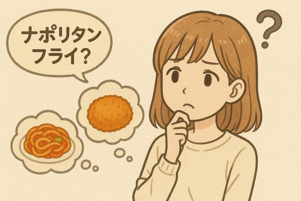 ナポリタンフライが分からなくて悩んでいる女性