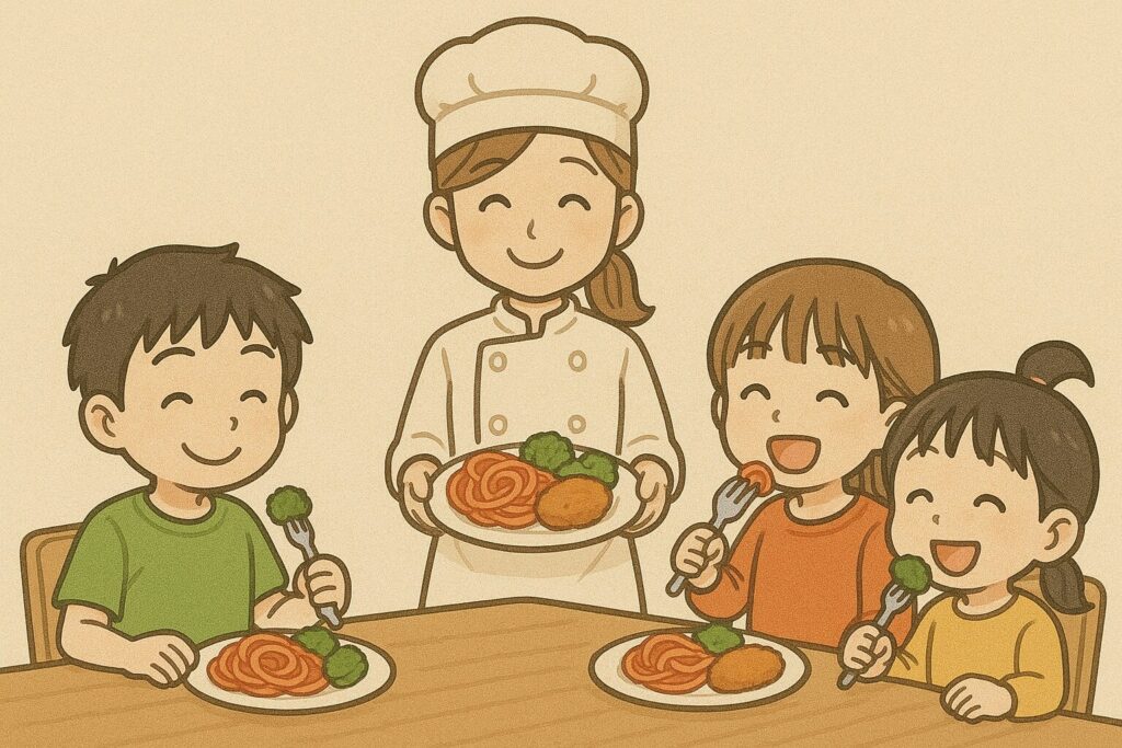 料理を嬉しそうに食べる子どもたち