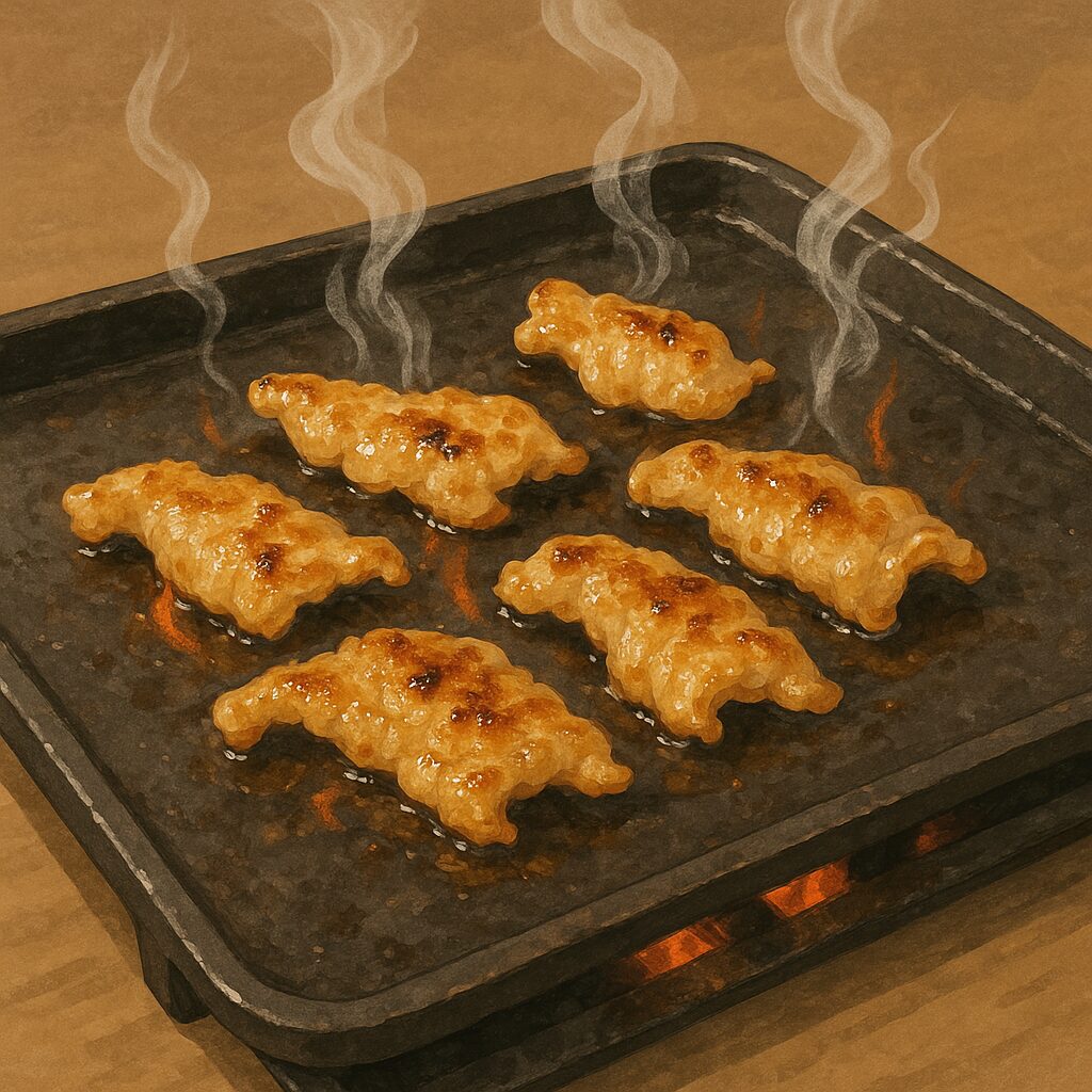 鉄板で鶏皮を焼く