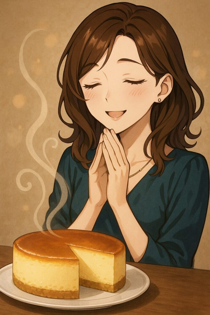 チーズケーキの素敵な香りを楽しむ女性