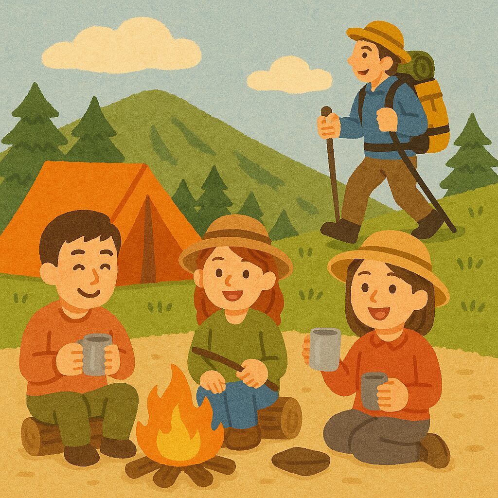登山やキャンプを楽しむ人々